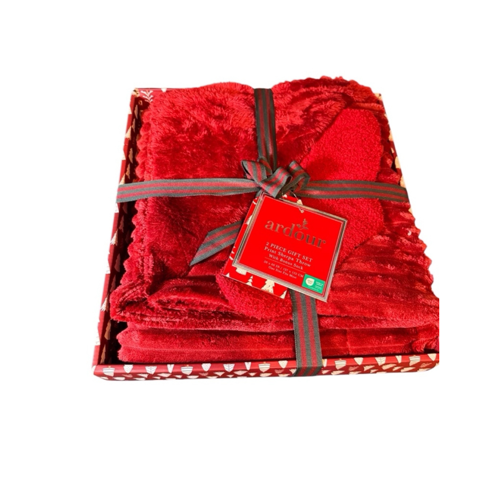 Ardour Red Sherpa Throw Gift Set with socks